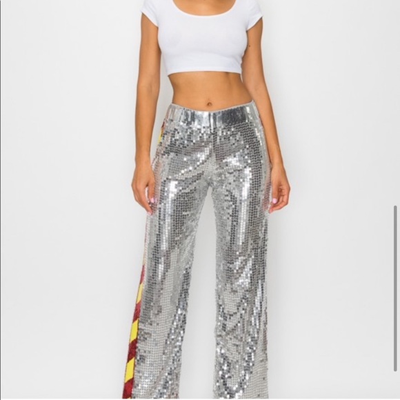 π₯2x HPπ₯Silver Sequin Hazard Stripe Palazzo Pants - Picture 4 of 9